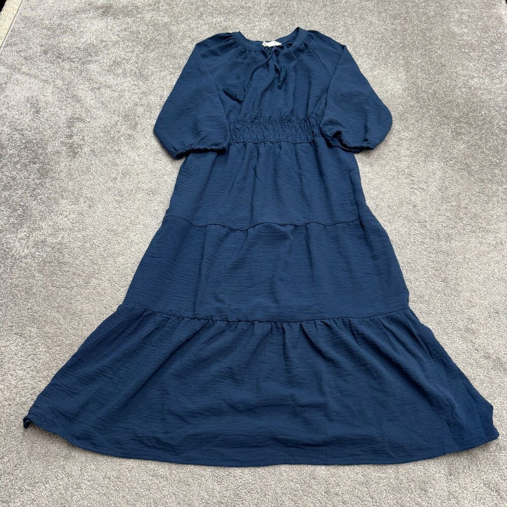 Lucky Brand Tiered Midi Dress Womens Medium Blue Smocked Tasseled Casual Boho